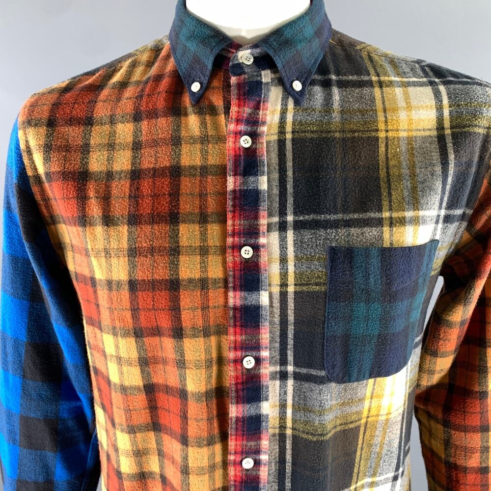 BEAMS Size XL Plaid Cotton Patchwork Long Sleeve Shirt